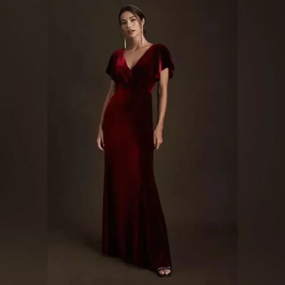 Jenny Yoo Ellis Flutter-Sleeve Open-Back Velvet Gown
